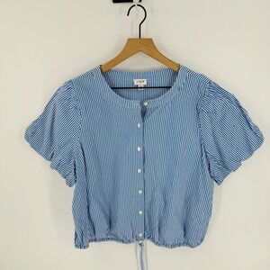 J. Crew Factory Blue Striped Button Down Top Size XL Puff Sleeve Preppy Nautical